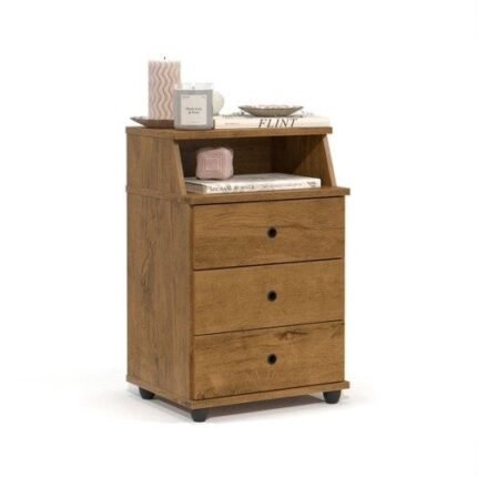 Mesa de Cabeceira Pequena Com Gavetas Apoio Lateral De Cama Box Baixo Com Nicho Móveis Simples p Quarto Cor Freijó bmd