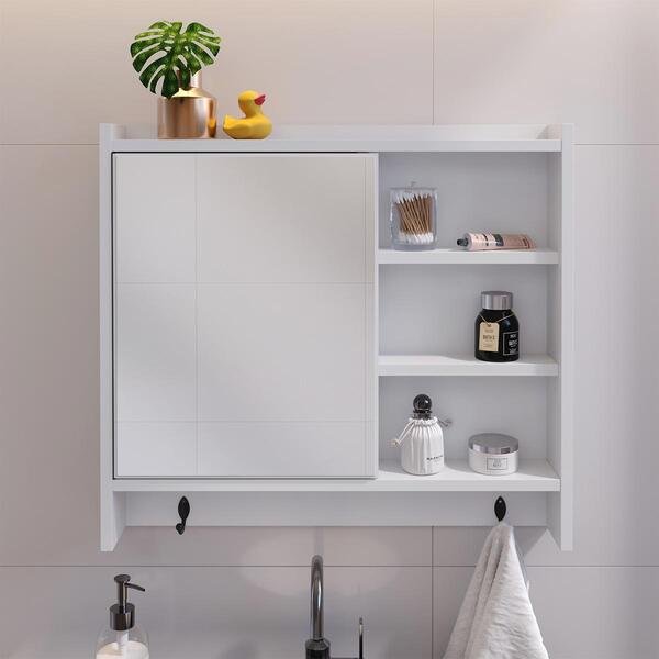 Espelheira Genova Armário Suspenso Gancho Prateleira Organizadora Armarinho Banheiro Branco - Lojas Rpm Espelheira Genova Armário Suspenso Gancho Prateleira Organizadora Armarinho Banheiro Branco - Lojas Rpm - Imagem 1